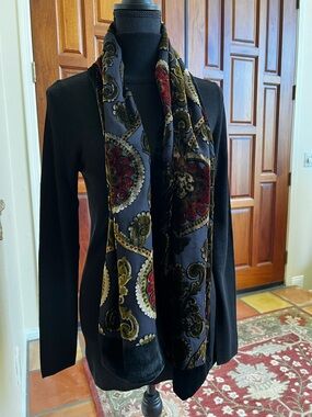Silk And Velvet Scarf Paisley Floral Print Rectangle 60” X 13” Black